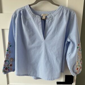 Loft Blue White Striped Blouse Top Embroidered Floral Accents boho chic M Crop